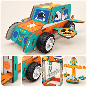 Close-up collage of 6-in-1 mechanics kit showing space vehicle, wooden joints, wheels, Newton-style pendulum and balance model