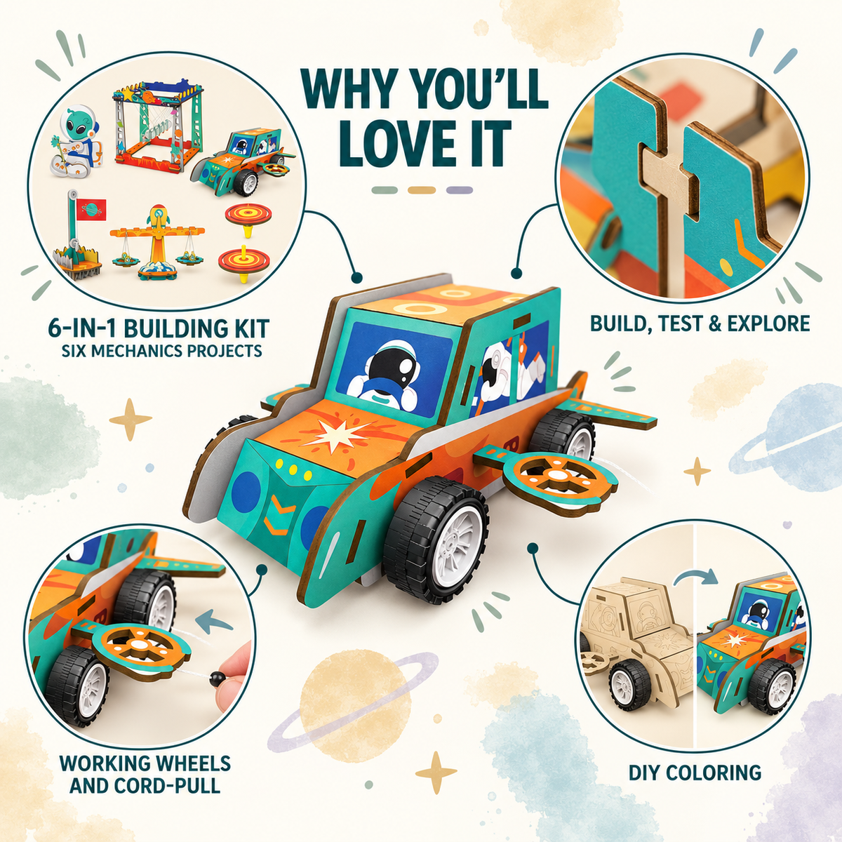 6-in-1 STEAM mechanics kit infographic showing space vehicle, working wheels, DIY colouring and wooden construction joints