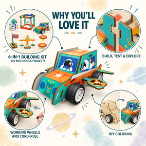 6-in-1 STEAM mechanics kit infographic showing space vehicle, working wheels, DIY colouring and wooden construction joints