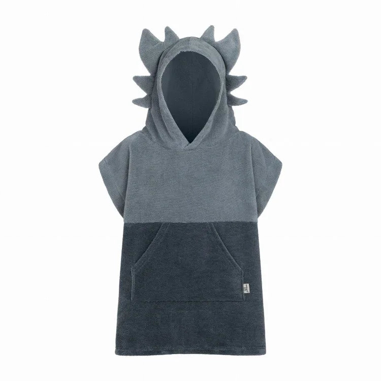 Poncho de bain enfant gris à capuche avec pointes de dinosaure et poche avant, éponge bicolore
