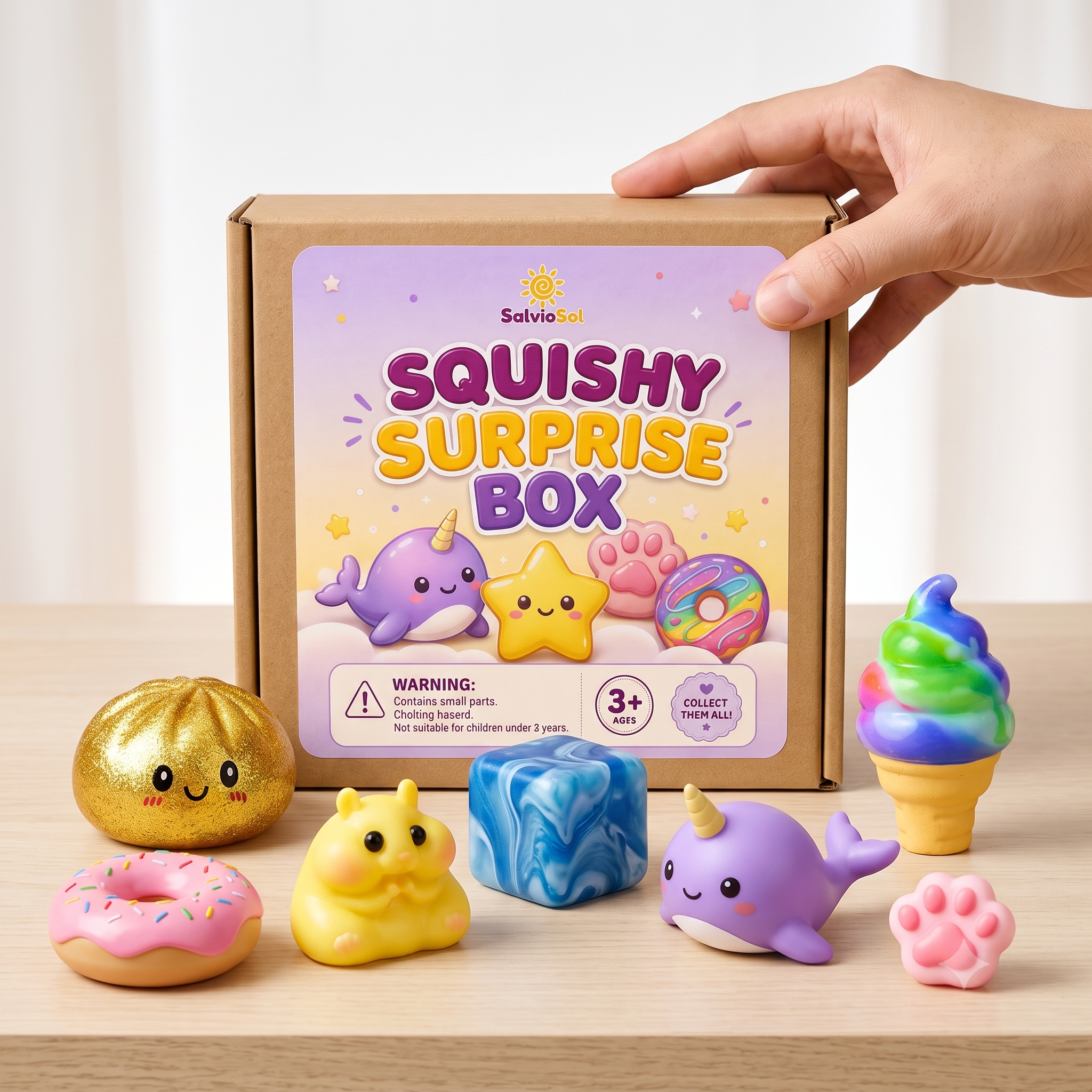A hand holds a brown cardboard box labeled 'Squishy Surprise Box' by Selviio. In front of the box on a light wood surface are several colorful squishy toys, including a gold donut, pink donut, yellow duck, blue marble cube, purple unicorn, pink paw print, and a rainbow ice cream cone.