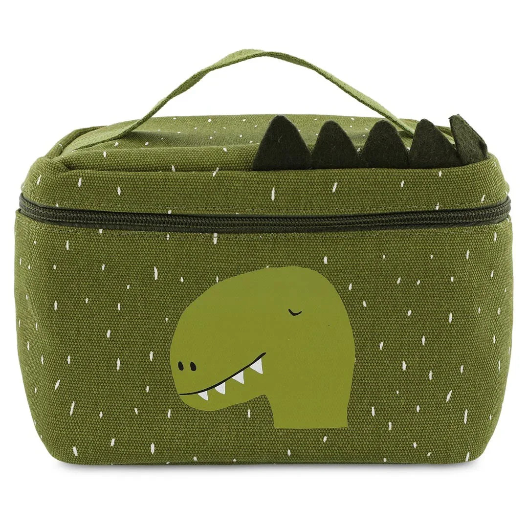 Grüne Thermolunchtasche mit Dino-Print, Stoffgriff und verspielten Filz-Stacheln