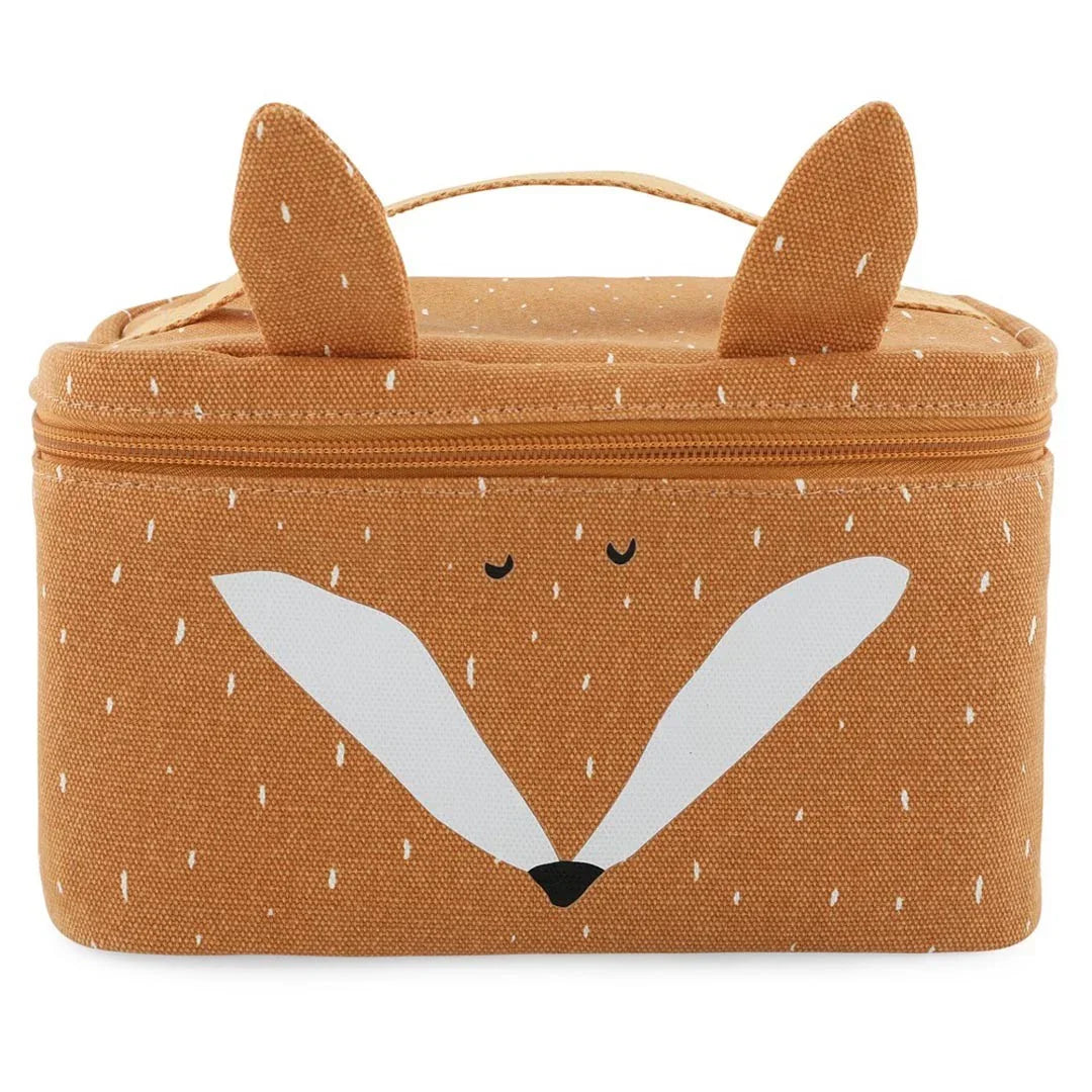 Sac à lunch isotherme pour enfant, motif renard orange, tissu, poignée et zip.