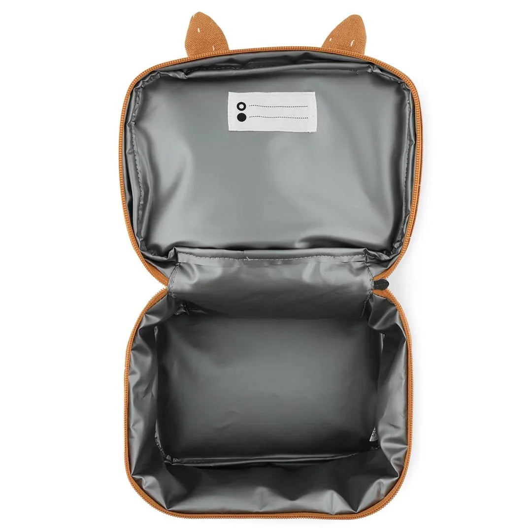 Sac à lunch isotherme avec oreilles de renard, extérieur marron, doublure grise et étiquette ID.