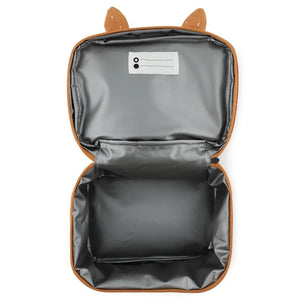 Sac à lunch isotherme avec oreilles de renard, extérieur marron, doublure grise et étiquette ID.