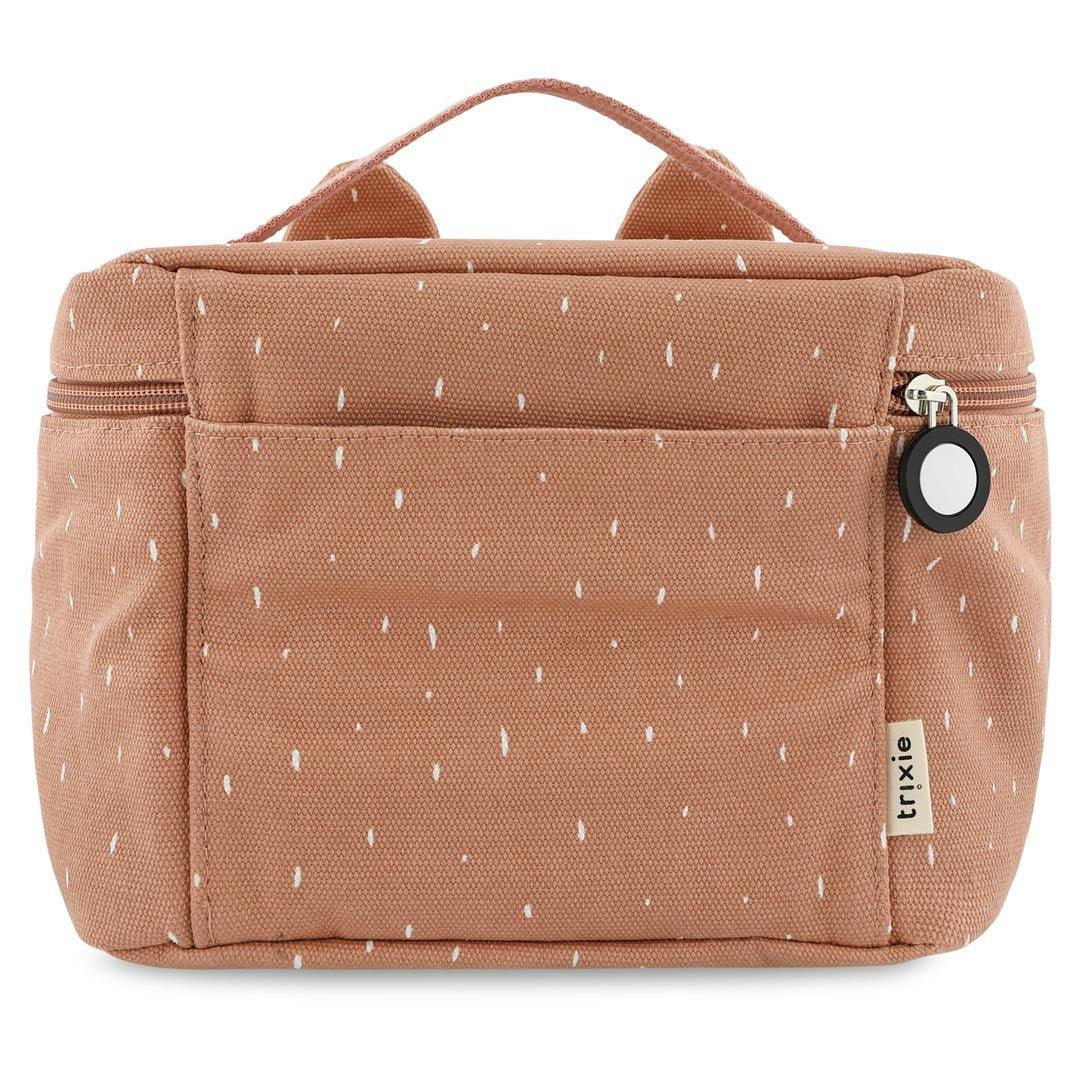 Sac à lunch isotherme en toile marron clair avec motif taches blanches et poche avant.