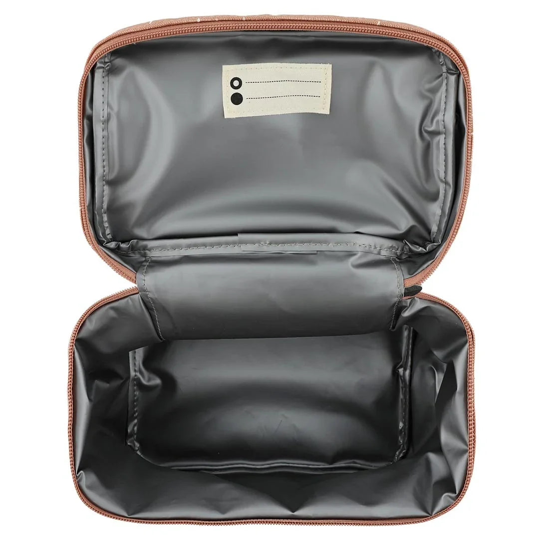 Sac à lunch isotherme avec zip marron, intérieur gris spacieux et porte-nom.