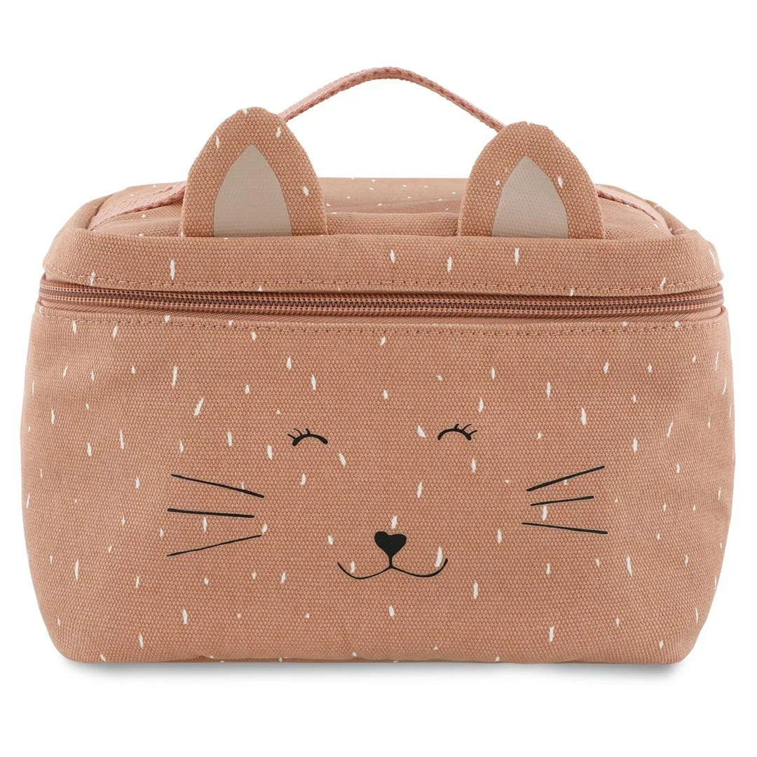 Sac à lunch isotherme en toile marron, design chat, fermeture éclair et poignée.