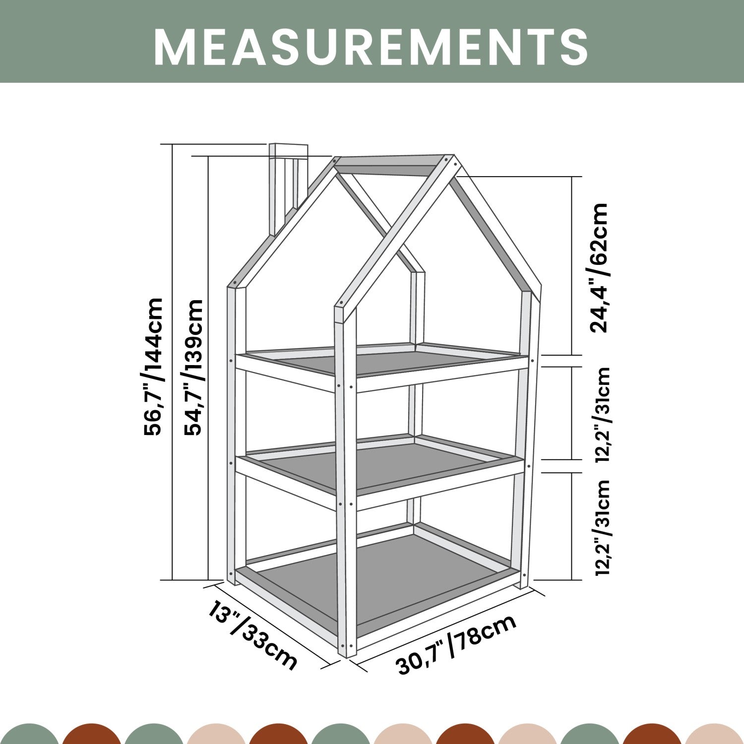 Measurement diagram for medium house-shaped kids shelf showing 78 cm width, 144 cm height and 33 cm depth
