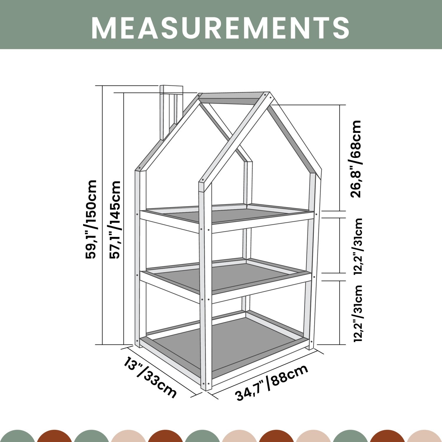 Large house-shaped shelf measurement diagram showing 88 cm width, 150 cm height and 33 cm depth