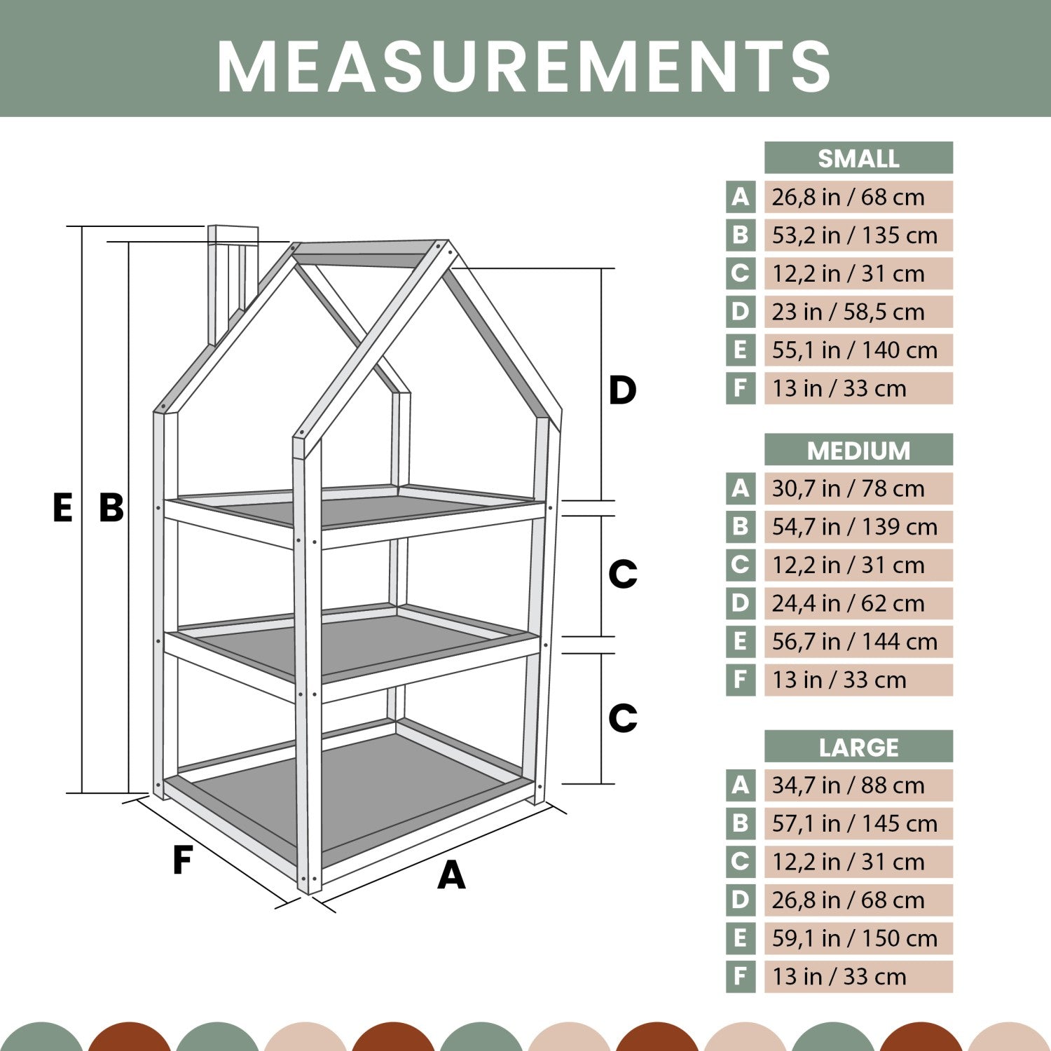 Small, medium and large house-shaped shelf measurement chart with three size specifications