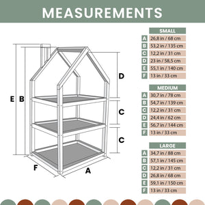 Small, medium and large house-shaped shelf measurement chart with three size specifications