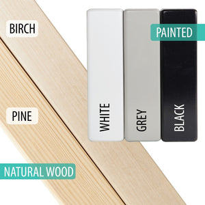 Pine, birch, white, grey and black material and finish comparison for house-shaped children’s shelf