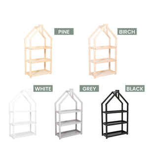House-shaped kids shelf finish comparison showing natural pine, birch, white, grey and black versions