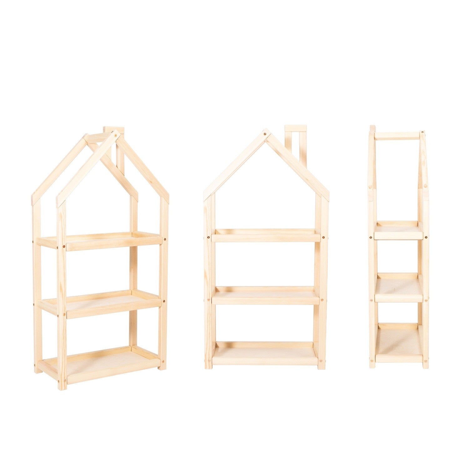 Natural house-shaped wooden shelf shown from front, side and three-quarter angles on white background