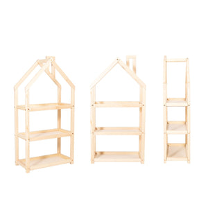 Natural house-shaped wooden shelf shown from front, side and three-quarter angles on white background