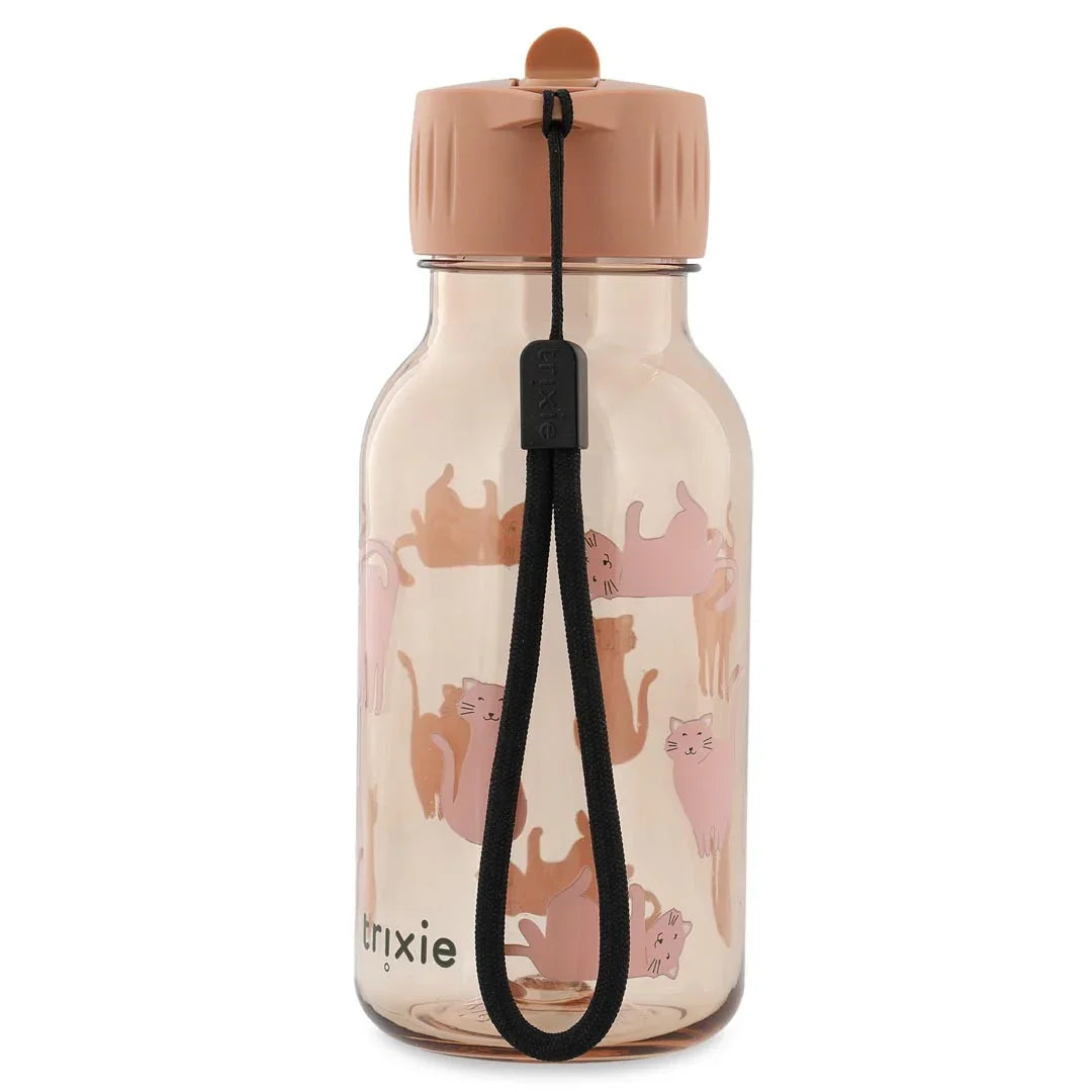 350ml tritan water bottle with pink and brown cat pattern, beige lid, black strap