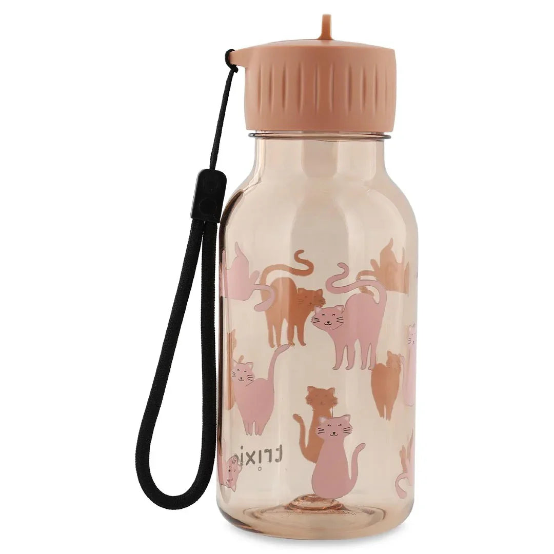 350ml tritan water bottle with pink cat pattern, beige cap, and black wrist strap