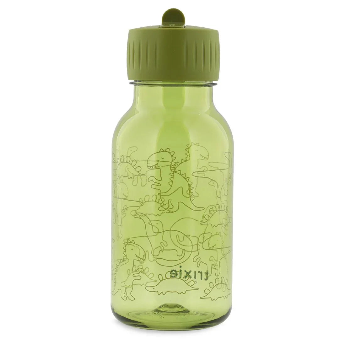 Green Tritan kids water bottle with dinosaur illustrations and olive green lid, 350ml