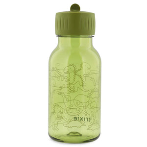 Green Tritan kids water bottle with dinosaur illustrations and olive green lid, 350ml