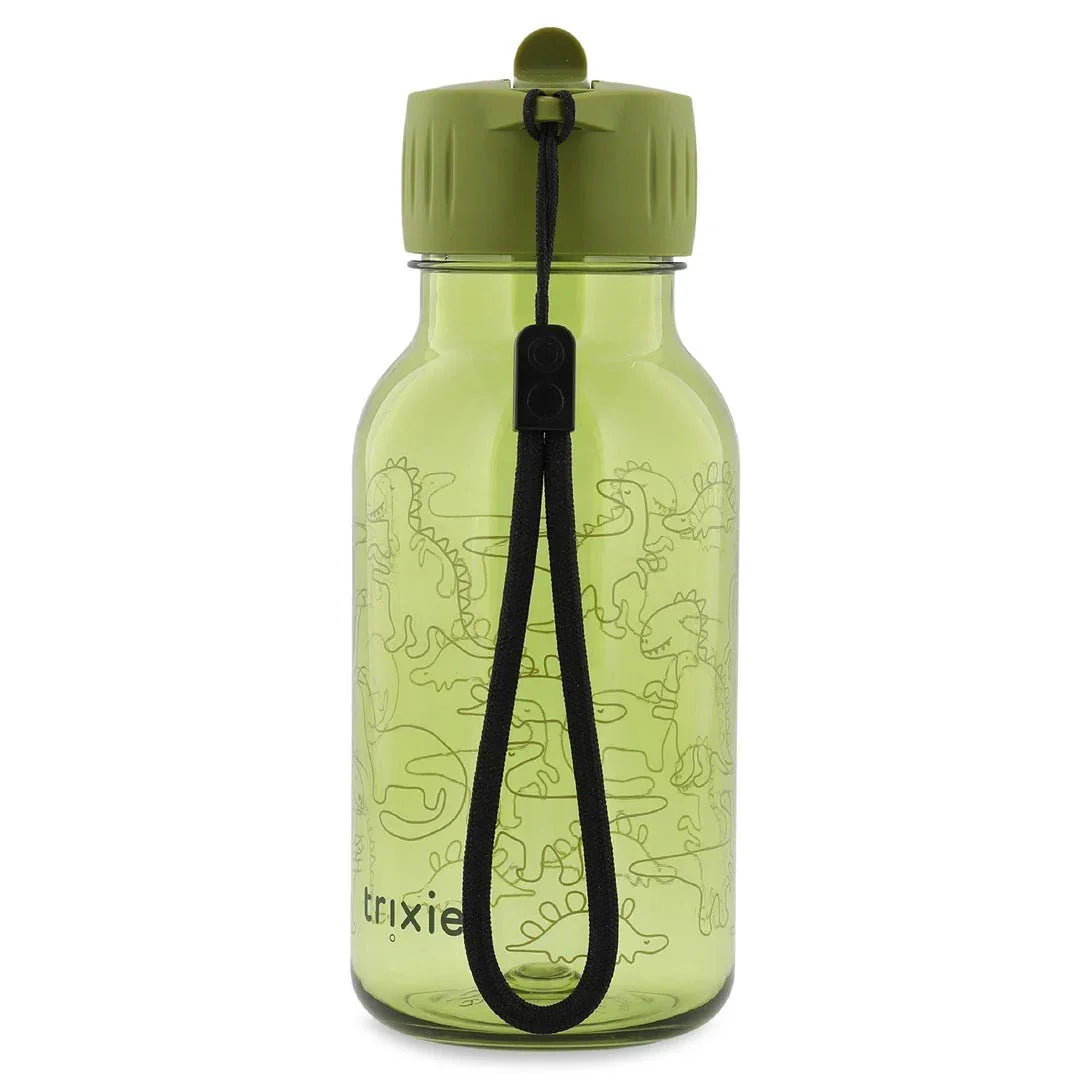 Green tritan water bottle 350ml with dinosaur pattern, black strap, and screw cap