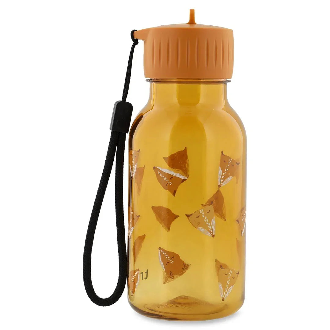 Amber tritan water bottle 350ml with dino pattern, orange lid, and carry strap