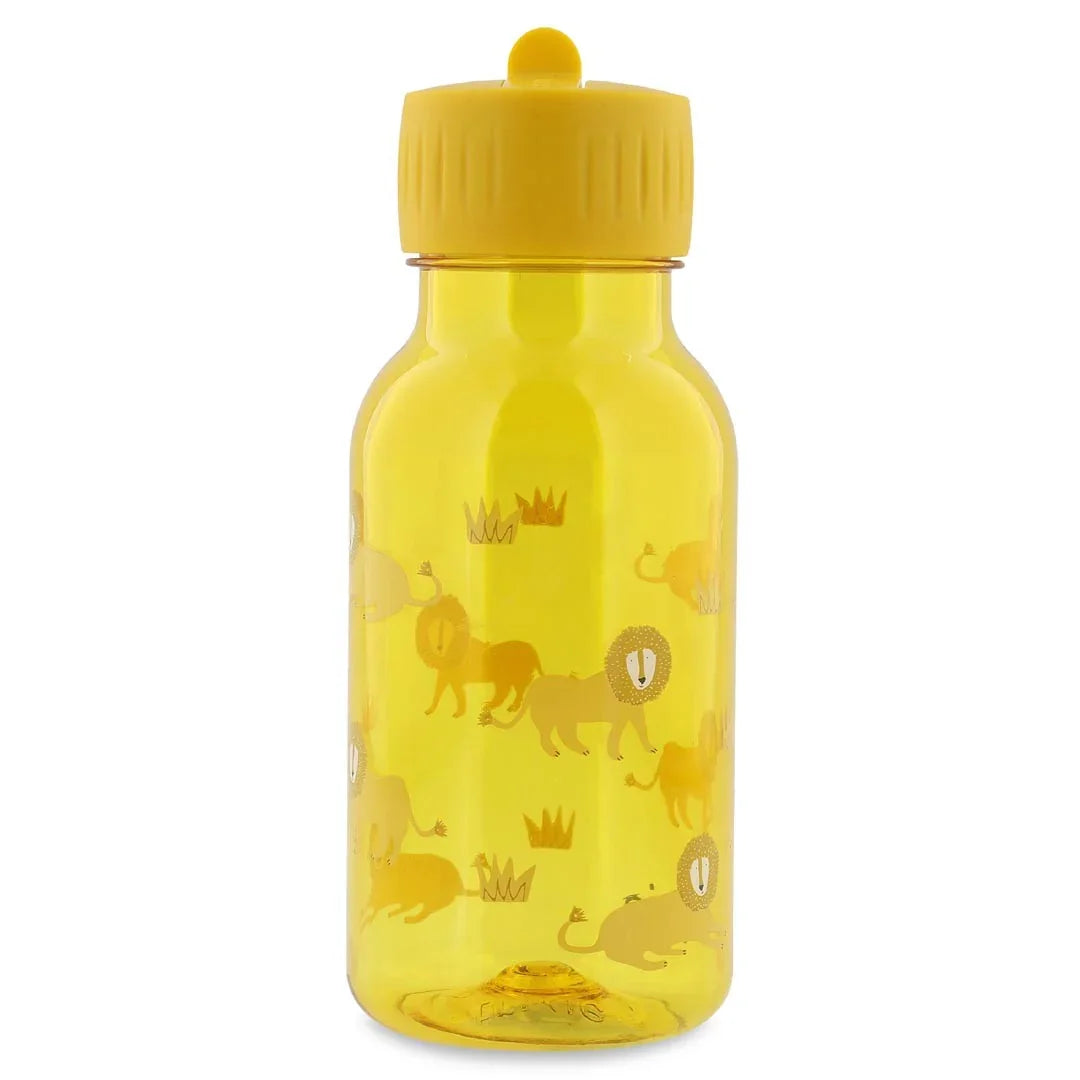 Yellow 350ml Tritan water bottle with playful lion illustrations and yellow screw cap