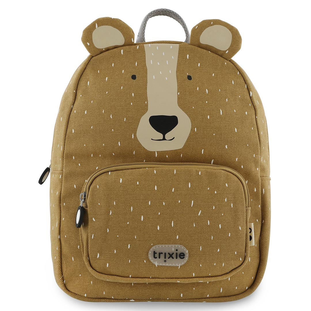 Front view of Trixie Mr. Bear brown kids backpack with bear ears, friendly face and zipped front pocket