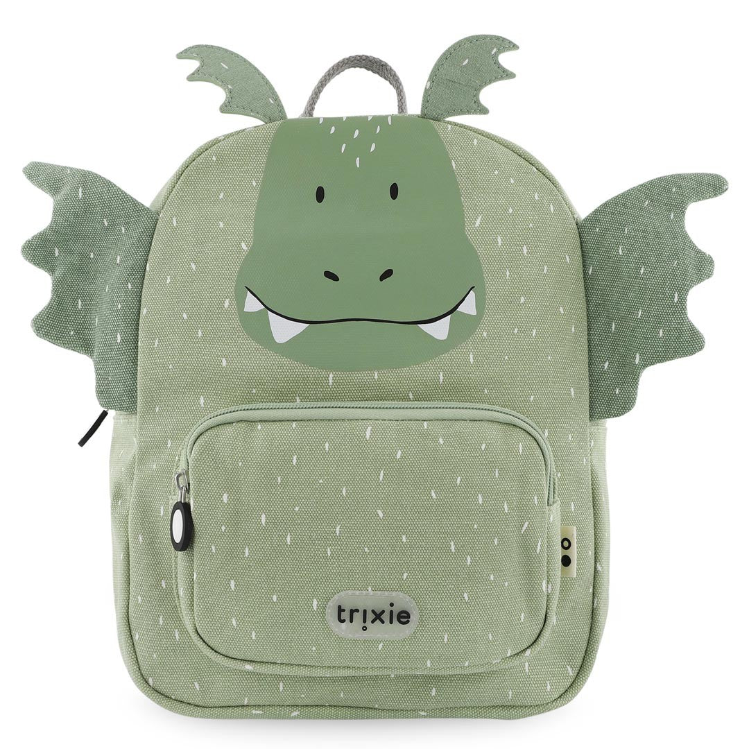 Front view of Trixie Mr. Dragon green kids backpack with dragon wings, horns, teeth and zipped front pocket