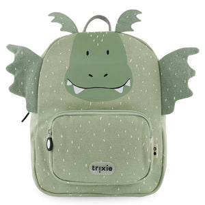Front view of Trixie Mr. Dragon green kids backpack with dragon wings, horns, teeth and zipped front pocket