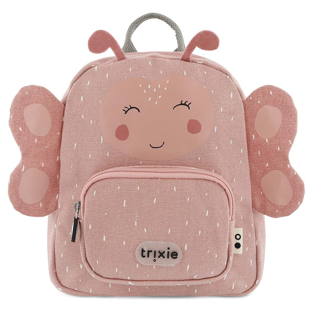 Front view of Trixie Mrs. Butterfly pink kids backpack with butterfly wings, antennae and zipped front pocket