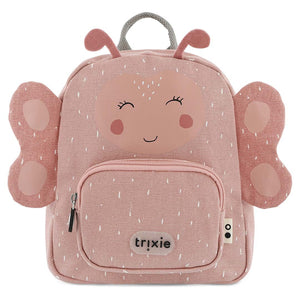 Front view of Trixie Mrs. Butterfly pink kids backpack with butterfly wings, antennae and zipped front pocket