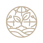 Icona circolare beige con contorno di pianta che germoglia e linee geometriche