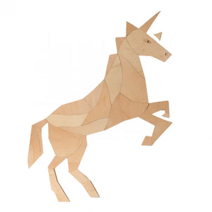Arte mural de unicornio geométrico en madera, contrachapado natural, decoración artesanal europea para niños.