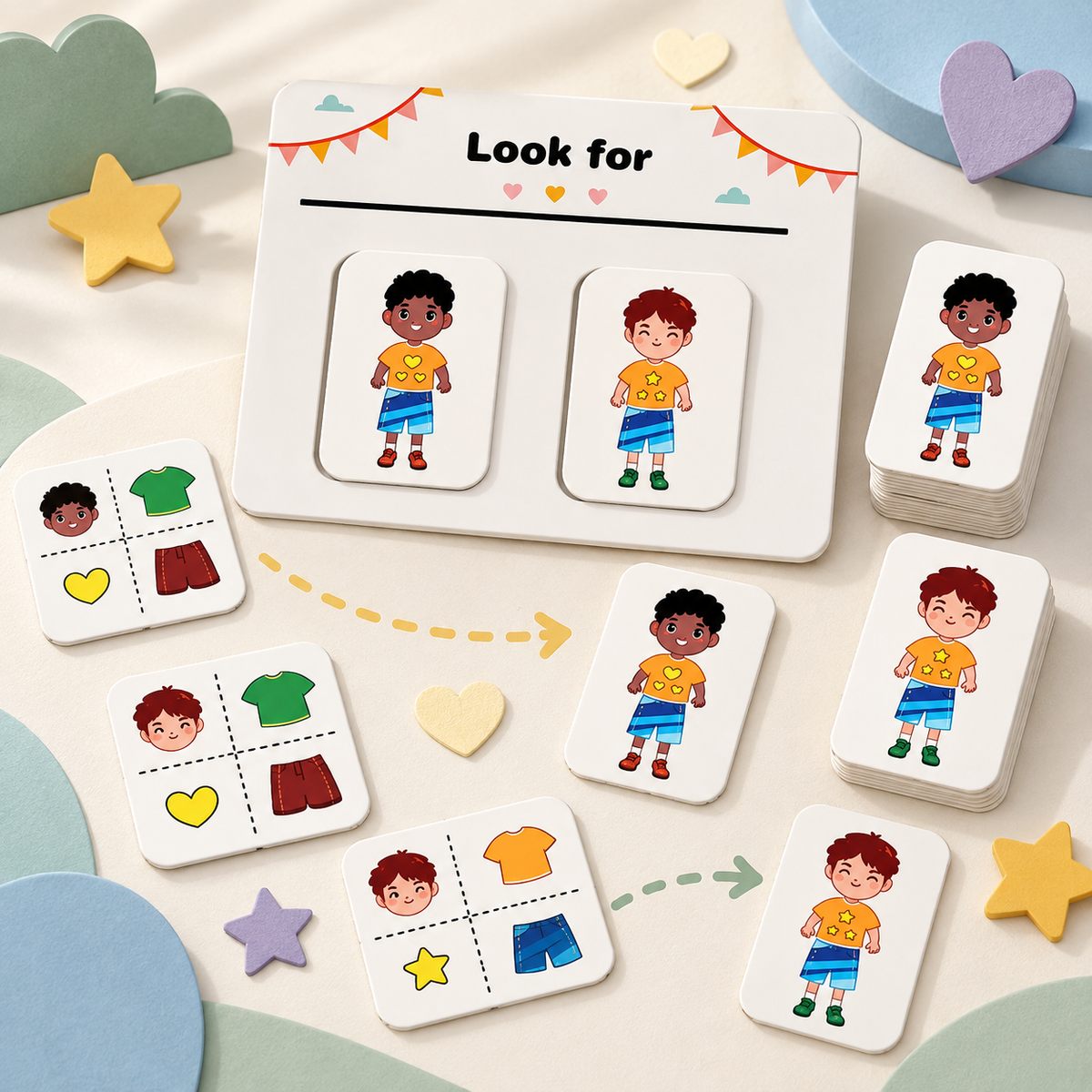 Educational visual association game arranged with Look For board, character cards and four-detail matching clues