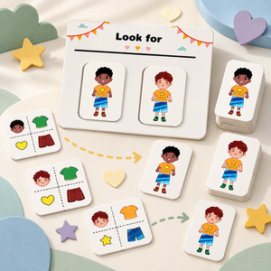Educational visual association game arranged with Look For board, character cards and four-detail matching clues