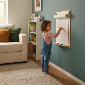 Child drawing on wall-mounted paper roll art station with wooden frame and crayon tray