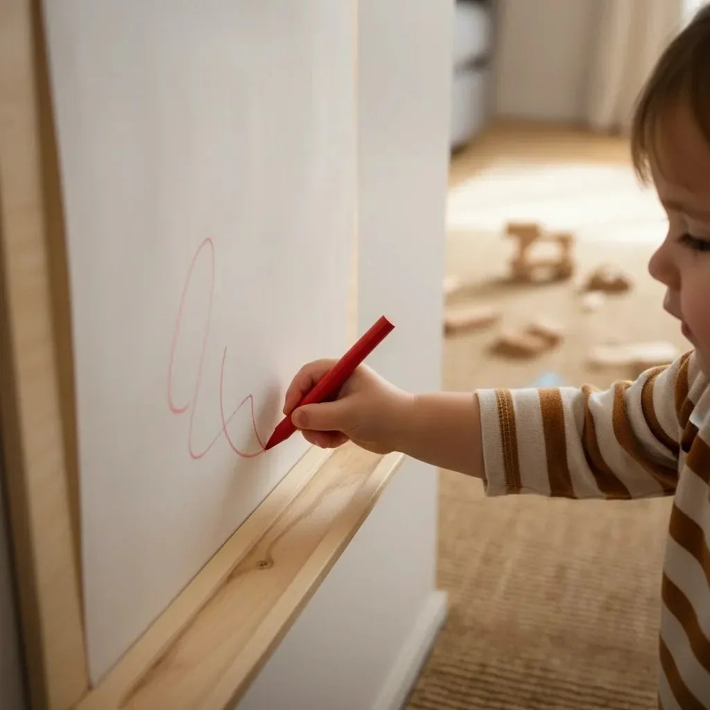 Child drawing with red crayon on whiteboard with light wood frame, nursery decor