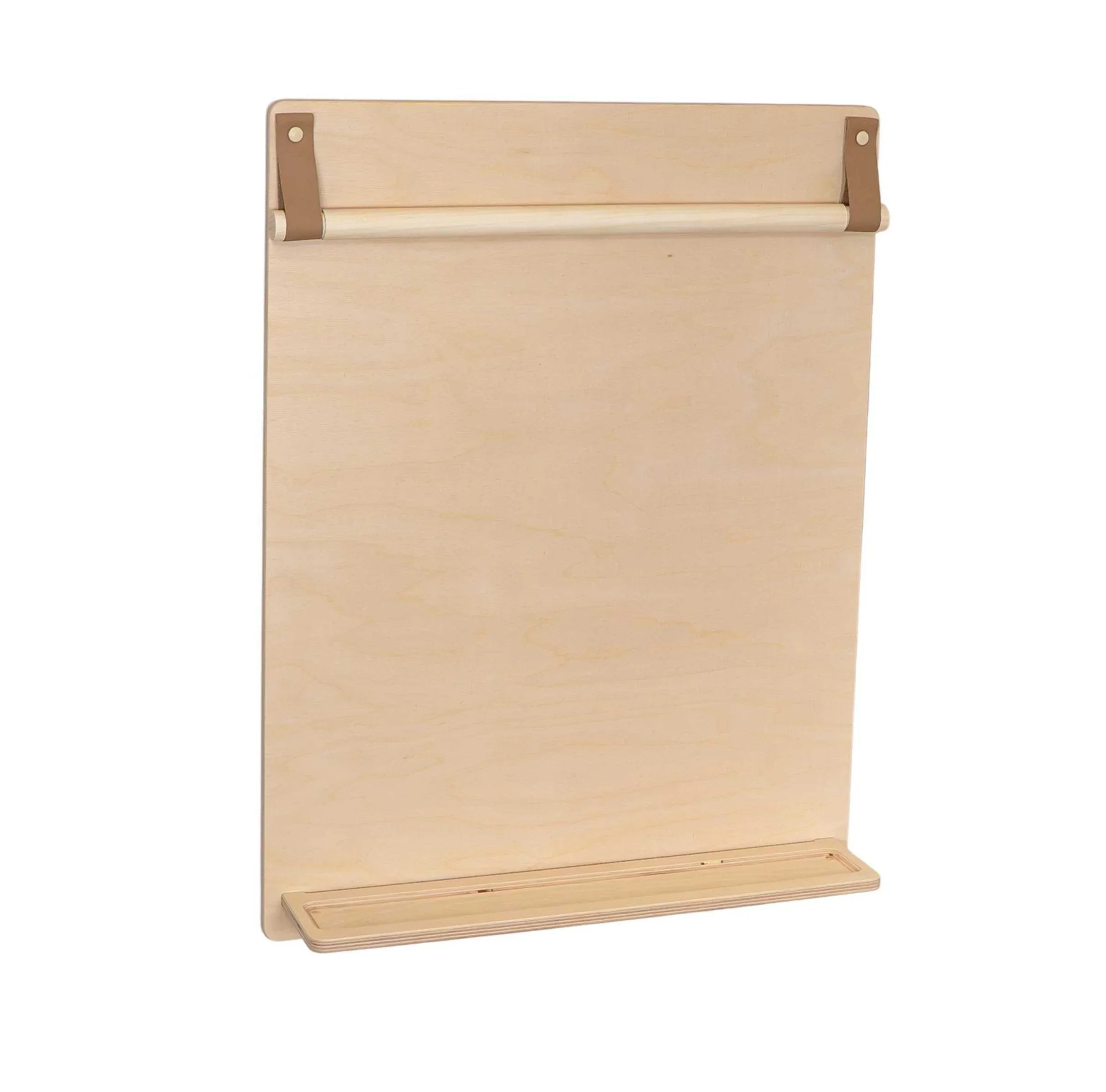 Natural wood drawing board with leather straps and paper roller, minimalist nursery art station