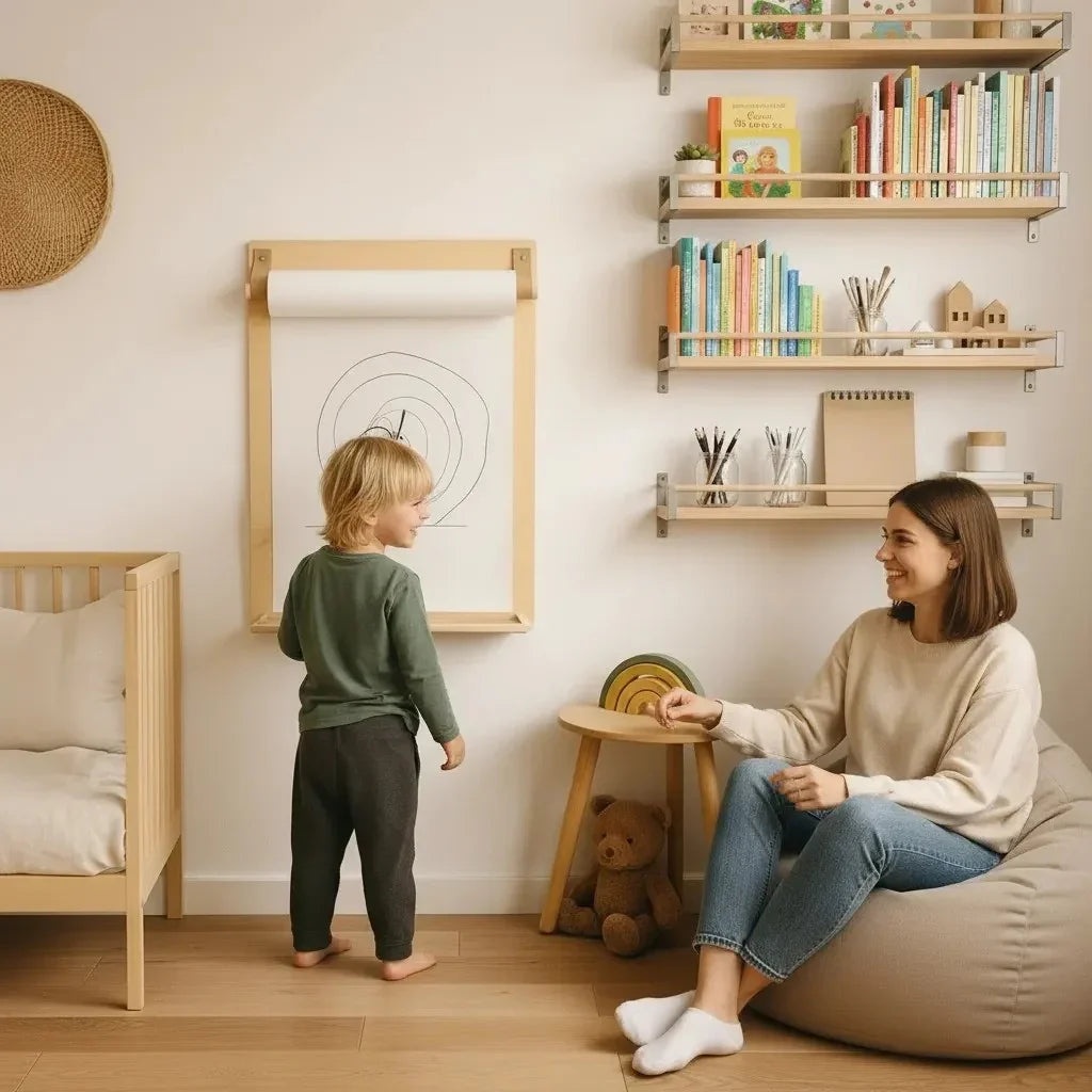 Wooden wall-mounted drawing easel with paper roll in nursery, child drawing, mom watching