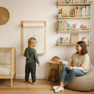 Wooden wall-mounted drawing easel with paper roll in nursery, child drawing, mom watching