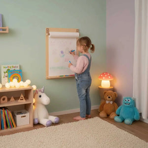 Child drawing on wooden wall-mounted art easel with paper roll in nursery, surrounded by plush toys and mushroom lamp