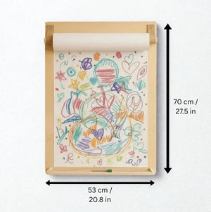 Wooden kids drawing easel with colorful doodles, 70 cm height, 53 cm width, paper roll included