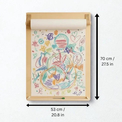Wooden kids drawing easel with colorful doodles, 70 cm height, 53 cm width, paper roll included