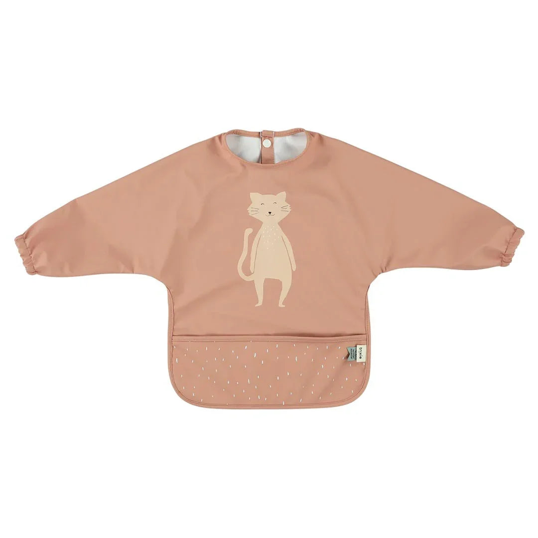 Wasserdichtes Langarm-Lätzchen in Dusty Pink mit Katzen-Illustration und Fronttasche