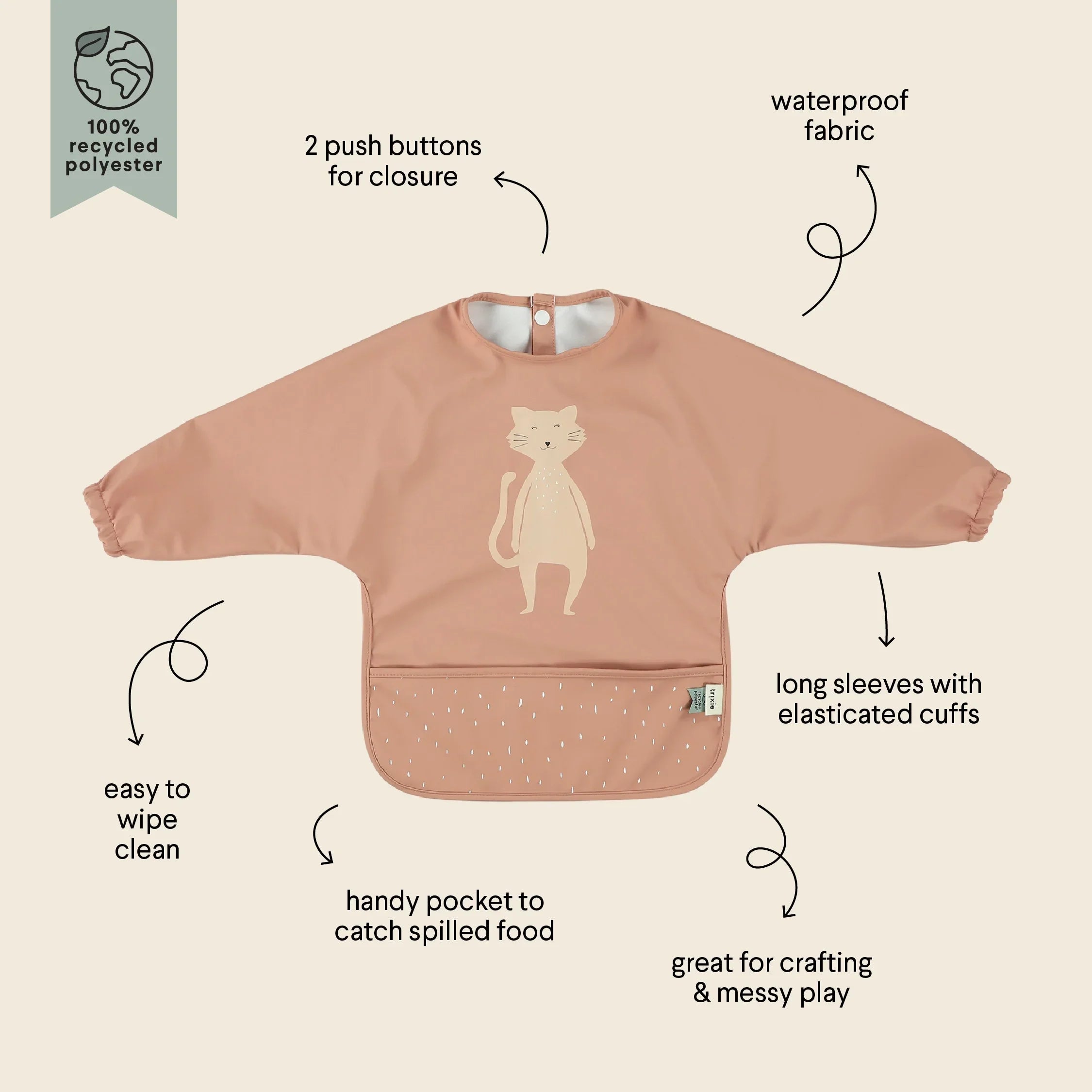 Wasserdichtes Langarm-Baby-Lätzchen mit elastischen Bündchen, Katzen-Print, Fronttasche, aus recyceltem Polyester, Farbe: Pink.