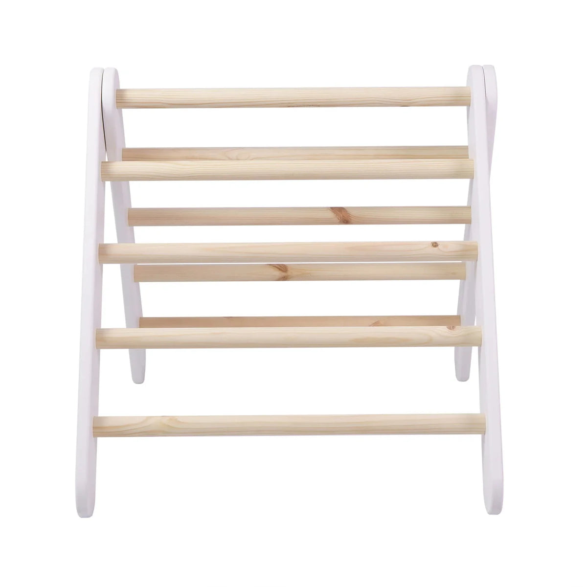 Front view of white MeowBaby climbing frame with natural wooden rungs