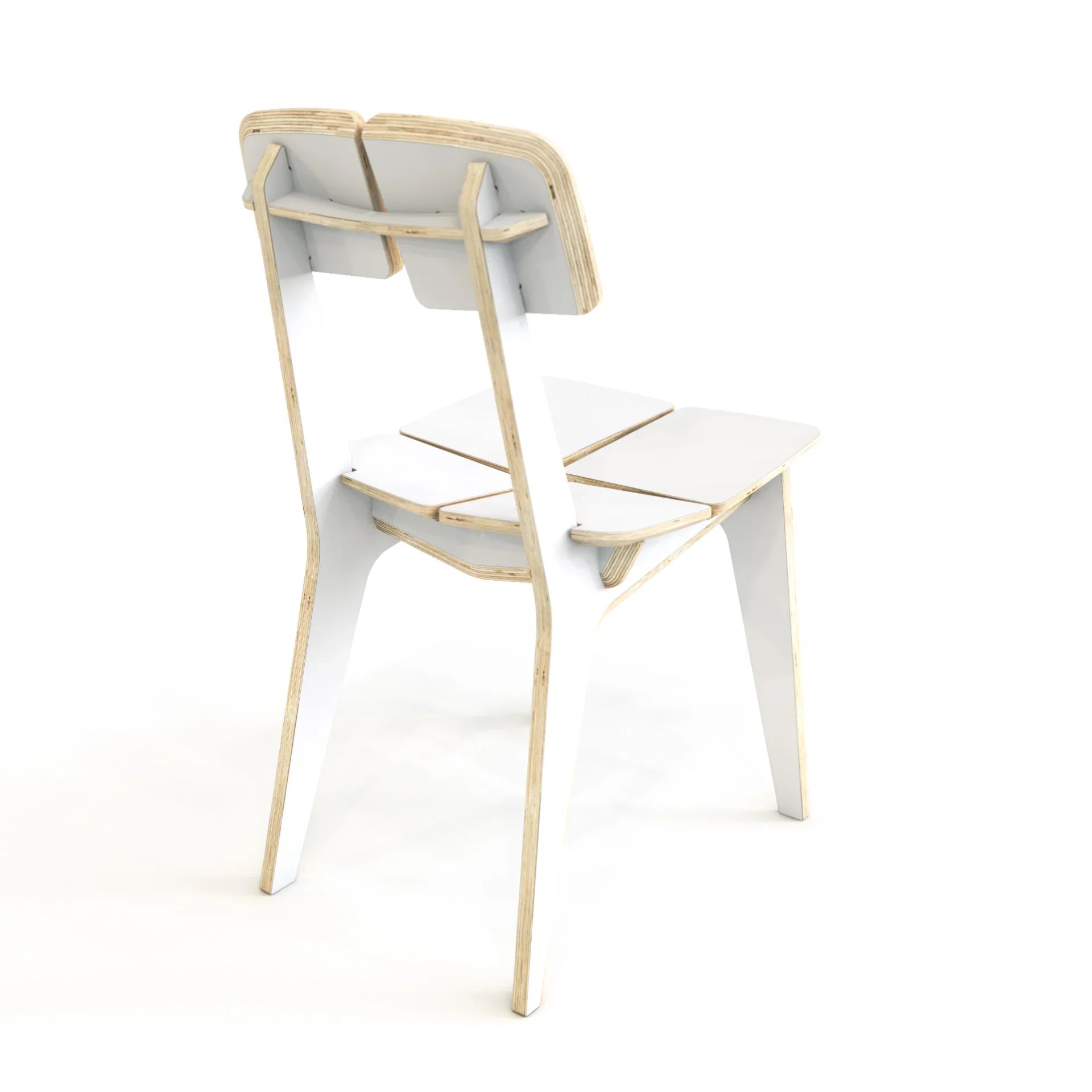 Sedia di design in compensato bianco con struttura in legno curvato e seduta geometrica modulare, in perfetto stile minimalista scandinavo.