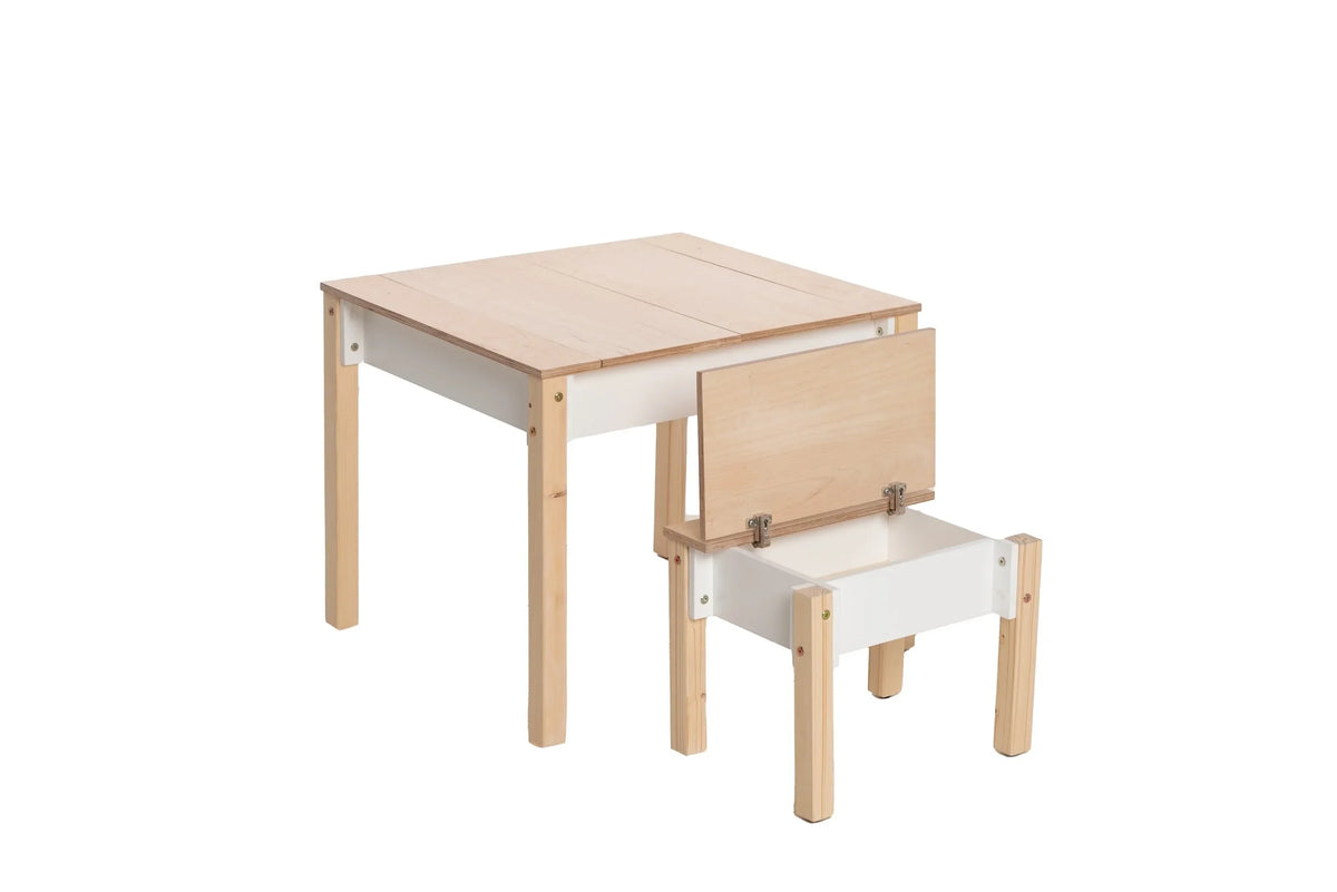 White FAMILY Smart Storage Table closed with matching chair storage open