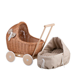 Passeggino in vimini per bambole Lili – Biancheria beige